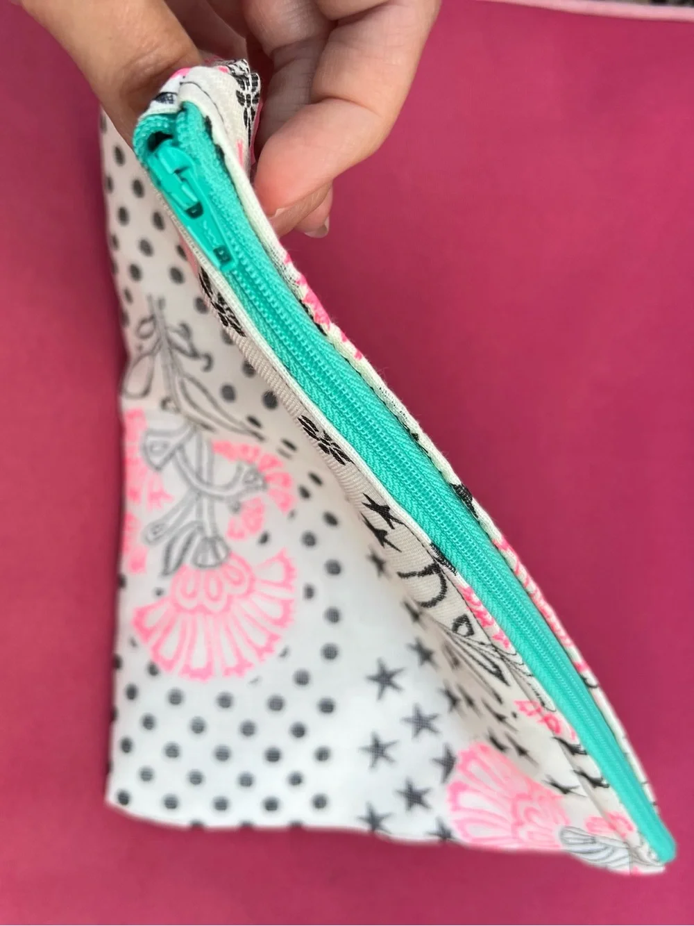 Upcycled shopping bag double lined Free People zip closure makeup bag